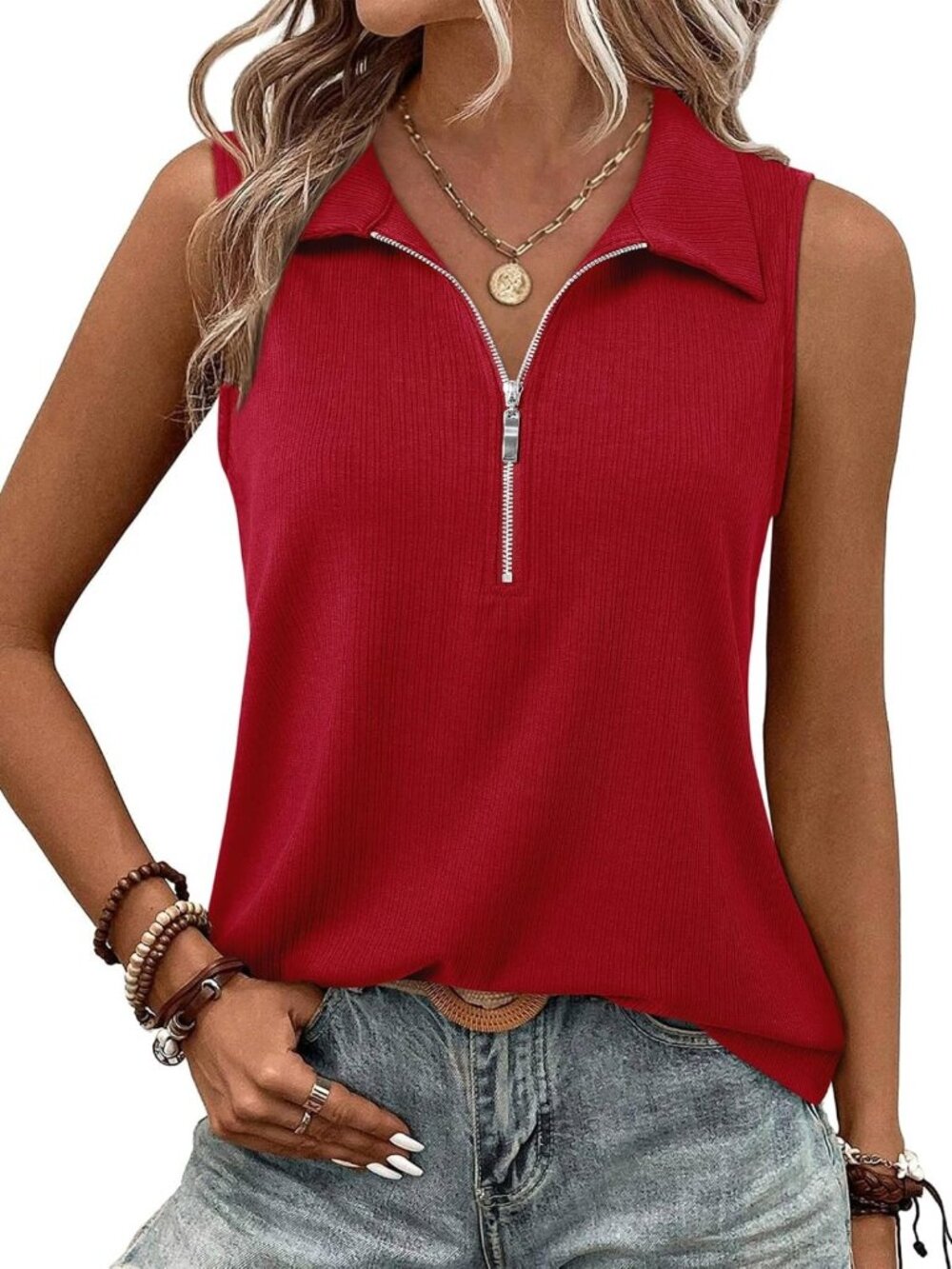 Chic Women's Ribbed Zipper V-Neck Tank Top - Dressy Casual Sleeveless Camisole